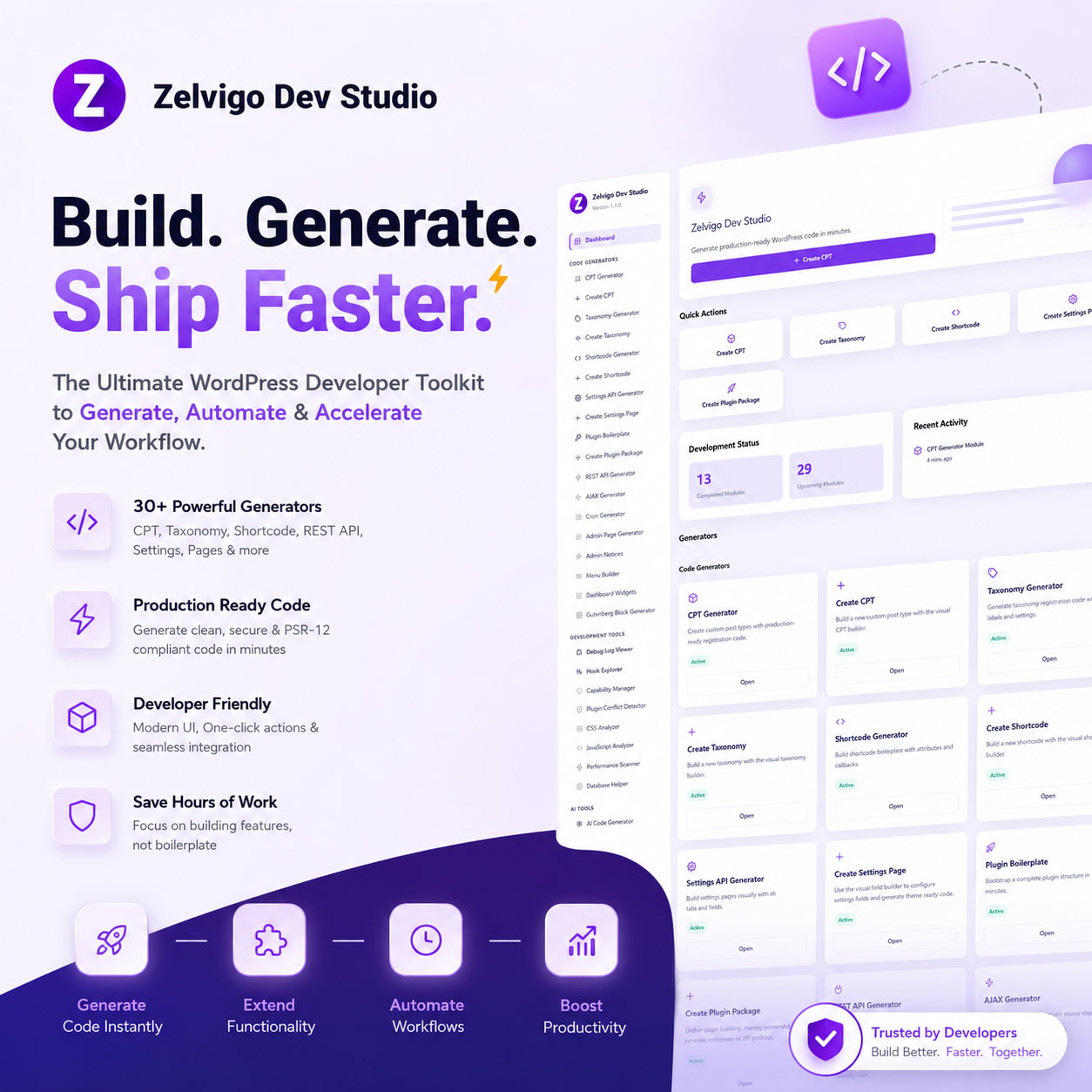 Generate production-ready WordPress code in minutes
