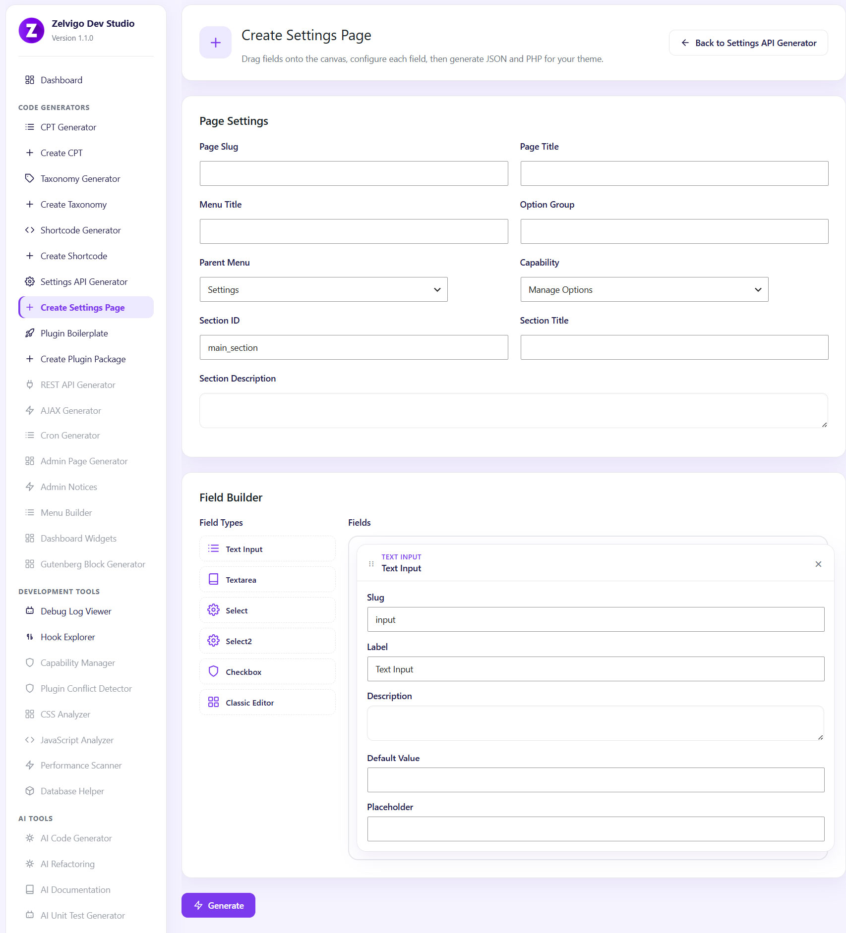 WordPress Settings API Generator